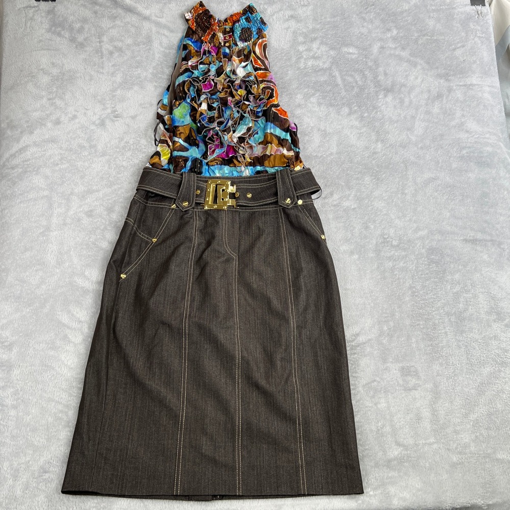 Cache Contour Abstract Silk Halter Midi Dress 12 Brown Women Gold Buckle Glam
